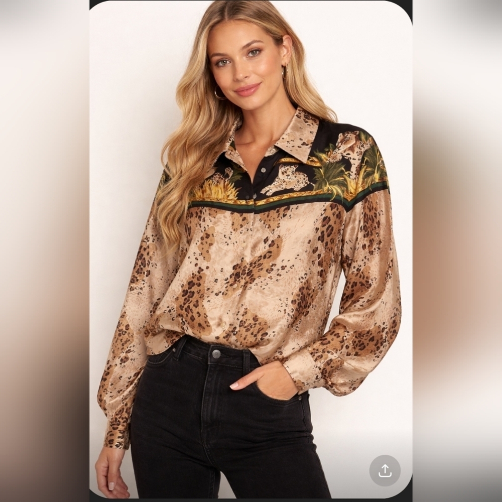 Leopard-Print Button-Down Blouse in Tan and Black,100% Silk.